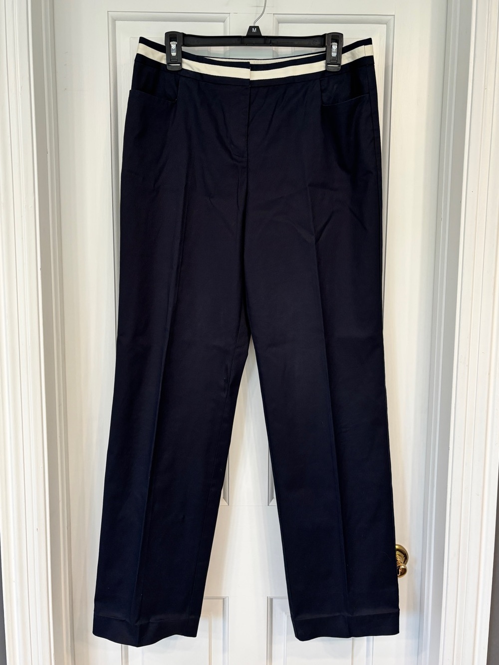 Talbots Navy Cotton Bi-Stretch Straight Leg Trouser with White Trim Waistband